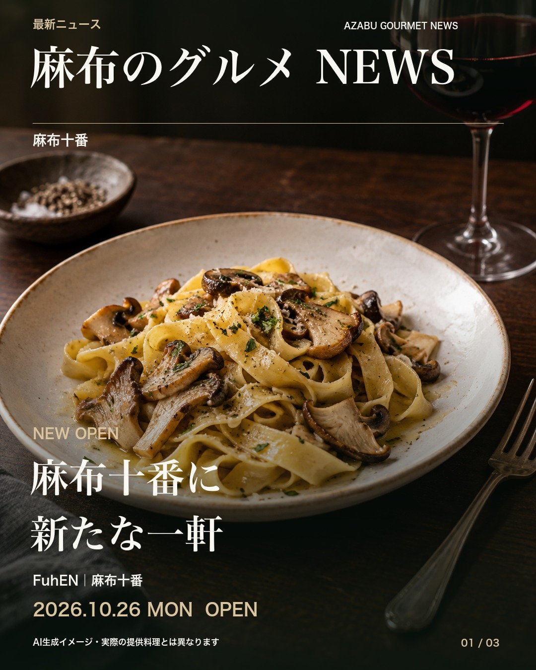 AI生成の料理イメージを使ったFuhEN開店告知。実際の料理ではありません。